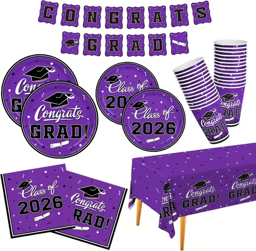 Miniatura 12 de Gatherfun suministros para fiesta de graduación 2022, para 25 comensales, vajilla roja y desechable de papel, con platos, servilletas, vasos, mantel