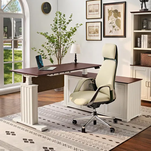 Miniatura 12 de EUREKA ERGONOMIC Escritorio de pie de cuero, escritorio ejecutivo de 1.52 m con cajones, escritorio moderno de pie y sentado con patas en forma de X