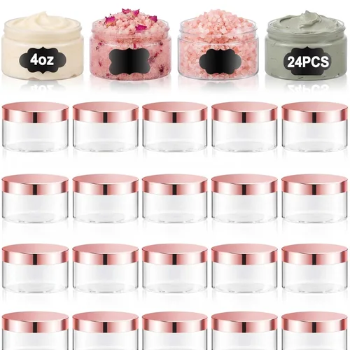 Miniatura 54 de Dandat 24 piezas 8 oz botes de plástico con tapa y etiqueta. Recipientes de muestra de cosméticos redondos ámbar PET recargables y vacíos para Ámbar
