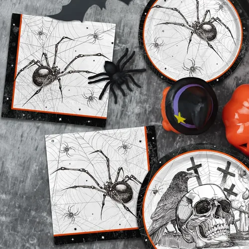 Miniatura 6 de Suministros de fiesta de Halloween con telas de araña: con temas de calavera y araña, platos de papel de tela malvada todo incluido, servilletas