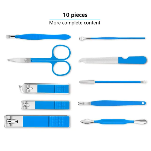 Miniatura 2 de Juego de manicura, mini cortaúñas de viaje, kit de herramientas de cuidado de pedicura, 10 piezas de acero inoxidable (azul)