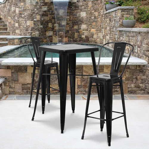 EMMA + OLIVER Paquete de 4 taburetes de bar de metal negro de 30 pulgadas de alto para interiores y exteriores con respaldo, muebles de cocina