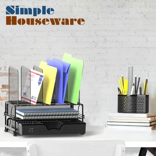 Miniatura 7 de Organizador de escritorio SimpleHouseware de malla con cajón deslizante, doble bandeja y 5 secciones verticales, color negro