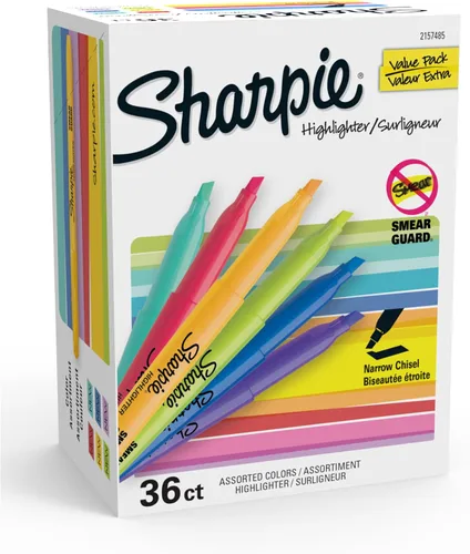 Sharpie Resaltadores de bolsillo, punta de cincel estrecha, 12 colores de moda surtidos, 36 unidades - para estudiar, tomar notas, escuela,
