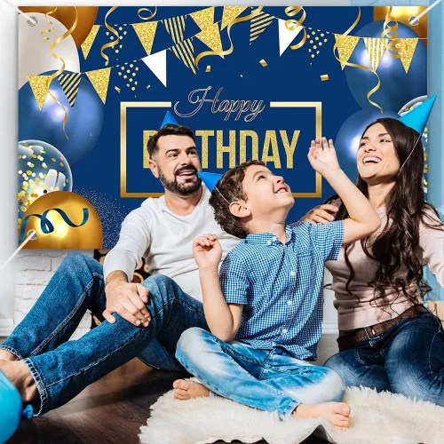 Miniatura 5 de Cartel de decoración de feliz cumpleaños, globos grandes azul marino y dorado, póster temático para niños, hombres y mujeres, cartel de celebración
