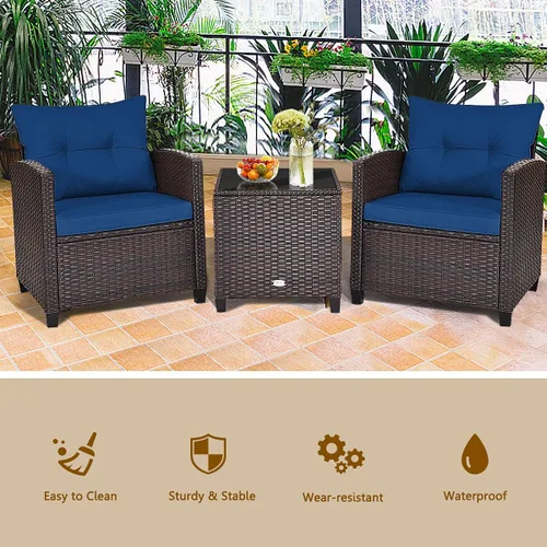 Miniatura 7 de RELAX4LIFE Juego de muebles de patio de 3 piezas, juego de conversación de mimbre con 2 sillones acolchados y mesa con tapa de cristal, juego