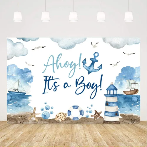 Ticuenicoa Telón de fondo náutico para baby shower, 5 x 3 pies, nubes azules y blancas, diseño de barco faro para revelación de género, cabina de