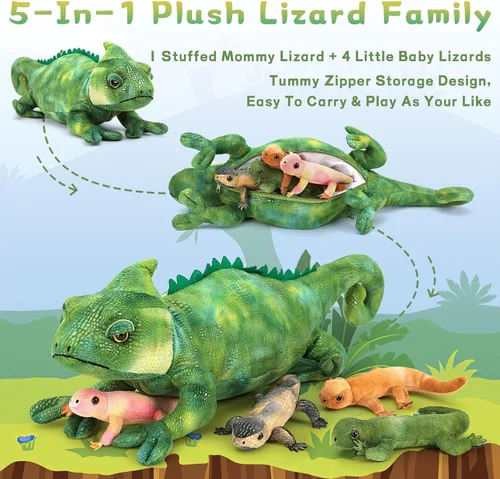 Miniatura 4 de MorisMos - Animales de peluche de lagarto, mamá camaleón gigante de 27 pulgadas con 4 lagartos bebés, juguetes para niños y niñas, mamá iguana