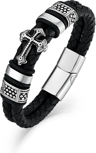 Raymard Pulsera de cuero de doble fila cristiana para hombre - negrorojodorado y azul marino trenzado pulsera para hombres