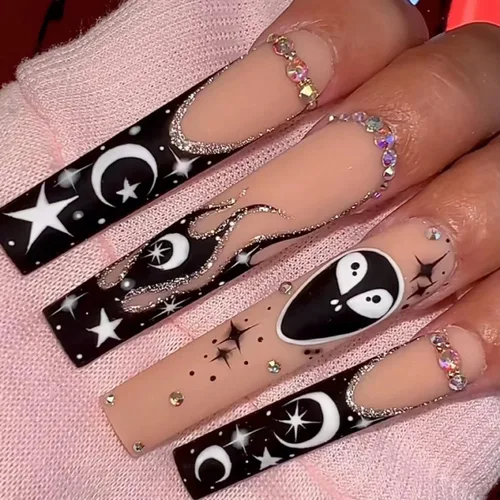 Miniatura 10 de LPOODDNU 24 uñas postizas largas cuadradas a presión, uñas postizas francesas, uñas acrílicas de color rosa brillante, cobertura completa, perlas