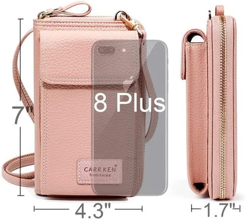 Miniatura 2 de Bolsa cruzada de piel para teléfono celular, con ranuras para tarjetas con protección de interferencia de radiofrecuencia (RFID), de cuero, para Rosa