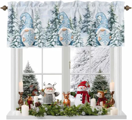 Miniatura 6 de Cenefas de gnomo de invierno para cocina, cafetería, cenefa de ventana de pino nevado de Navidad, cortinas cortas de copo de nieve azul, 60 x 18