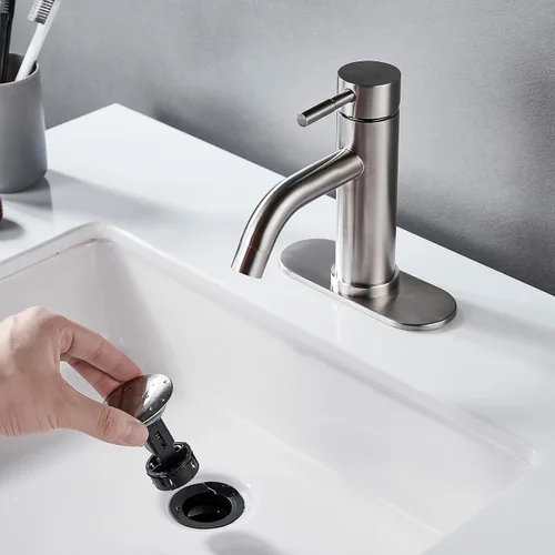 Miniatura 3 de Grifo de lavabo de baño de un solo agujero, níquel cepillado, moderno grifo de baño de una sola manija comercial de acero inoxidable con drenaje