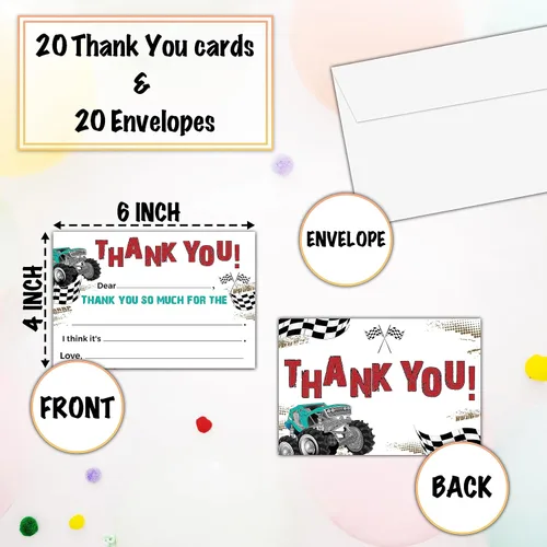 Miniatura 2 de Tarjetas de agradecimiento de camiones monstruo, tarjeta de agradecimiento con espacio para rellenar con temática de Monster Jam, notas