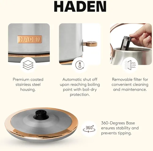 Miniatura 3 de Haden Heritage Hervidor de Agua Eléctrico de Acero Inoxidable de 1,7 Litros, Hervidor de Agua Caliente con Base de 360 Grados y Apagado Automático