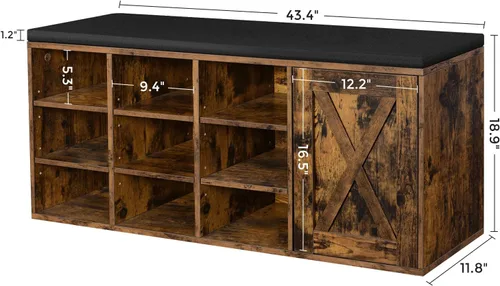 Miniatura 3 de VASAGLE Banco de zapatos, banco de almacenamiento con armario y 9 compartimentos abiertos, estante para zapatos, asiento acolchado, puerta