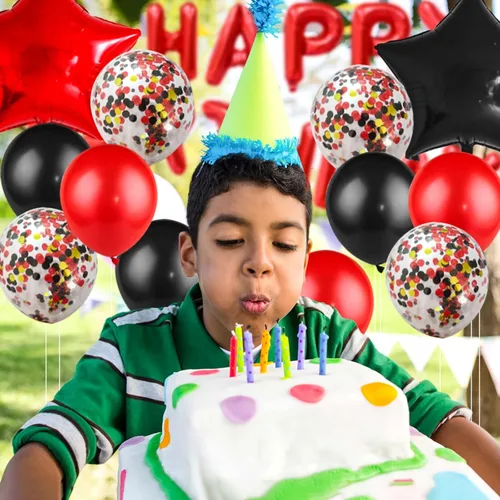 Miniatura 6 de Decoraciones de cumpleaños para hombres y mujeres, globos negros y rojos, pancarta de feliz cumpleaños, cortina metálica con flecos para fiesta