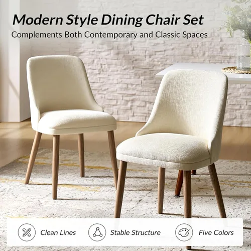 Miniatura 6 de HULALA HOME Juego de 2 sillas de comedor tapizadas de tela marfil con patas de madera maciza, respaldo acolchado, sillas decorativas modernas