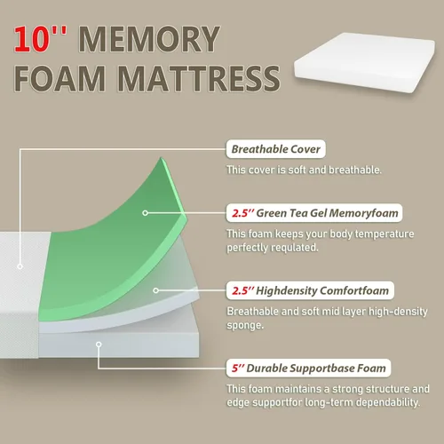Miniatura 4 de PayLessHere Colchón de espuma viscoelástica de té verde de 10 pulgadas, certificado CertiPUR-US, funda suave extraíble, sin fibra de vidrio