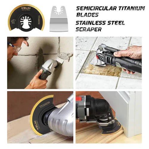 Miniatura 3 de 18 piezas de hojas de sierra oscilante de titanio con raspador de acero inoxidable y hojas semicirculares, kit de hojas multiherramienta universal