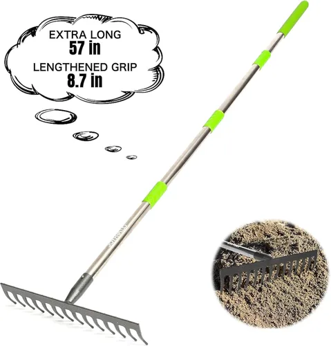 Miniatura 8 de Joyhalo Rastrillo para hojas ajustable de 65 pulgadas de largo, rastrillo de jardín de 18 pulgadas de ancho con 25 dientes, rastrillos de hojas