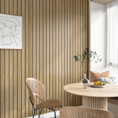 Miniatura 7 de Paneles de Madera Marrón 3D para Paredes 120" x 12" Paneles de Pared de Listones Acústicos Despegar y Pegar Paneles de Madera Autoadhesivos