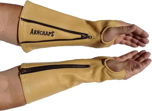 Miniatura 9 de Arm Chaps Mangas Protectoras de Cuero Protector de Brazo - Previene Cortes, Arañazos y Moretones - Ideal para Jardinería y Construcción., Marrón, XL