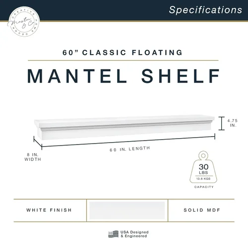 Miniatura 2 de MCS Repisa de 60 pulgadas, Master & Co Repisa de chimenea flotante de madera maciza con acabado blanco, estante flotante largo para sala de estar