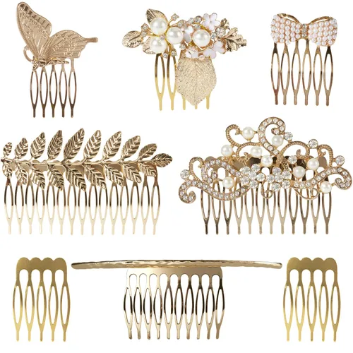 Lawie Paquete de 8 peines laterales de metal con diamantes de imitación de cristal dorado grandes con cierre de agarre de dientes, pasadores para