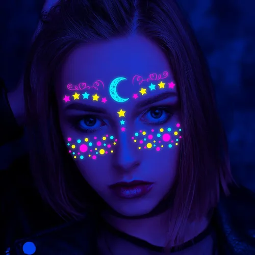 Miniatura 4 de Tatuajes faciales de neón que brillan en la oscuridad, tatuajes temporales con luz negra UV, calcomanías para cuerpo, cara, flores, tatuaje