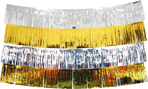 Miniatura 8 de Guirnalda de fiesta con flecos de papel de seda, telón de fondo perfecto para todos los eventos y ocasiones (4 unidades, lámina dorada)
