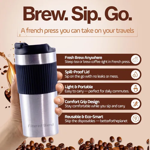 Miniatura 3 de Cafetera y tetera de prensa francesa aislada de acero inoxidable de doble pared de 15 onzas - Té portátil para acampar, taza de café y vaso (blanco)