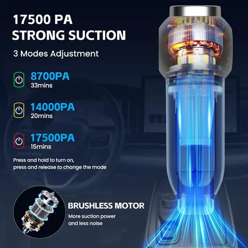 Miniatura 3 de Aspiradora de Coche Portátil de Alta Potencia 17500Pa, Aspiradora Mini Ligera, Aspiradora de Mano con Pantalla LED de 3 Velocidades, Múltiples