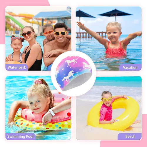 Miniatura 4 de Paquete de 2 gorros de natación impermeables de silicona para niños y niñas (3-8 años), diseño de sirena de unicornio, gorro de natación para niños