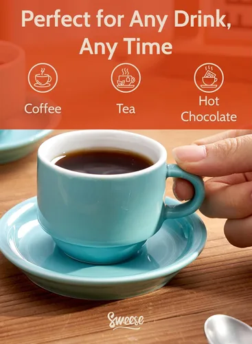 Miniatura 4 de Sweese - Juego de 4 tazas de espresso apilables de porcelana de 4 onzas con platillos y soporte de metal, color turquesa