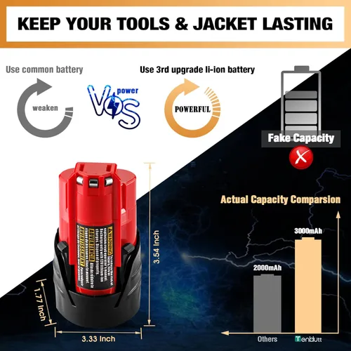 Miniatura 2 de 【Actualización】Paquete de 2 baterías de iones de litio Milwaukee M12 de 12 V, compatibles con herramientas Milwaukee de 12 V/chaqueta térmica