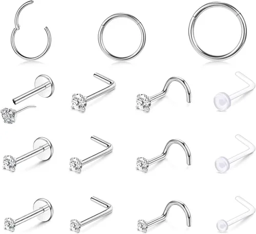 Miniatura 21 de Nose Rings Hoop and Nose Studs Sets for Women Men,Hypoallergenic 316L Surgical Stainless Steel Hinged Clicker Segment Nose Rings Hoop Helix