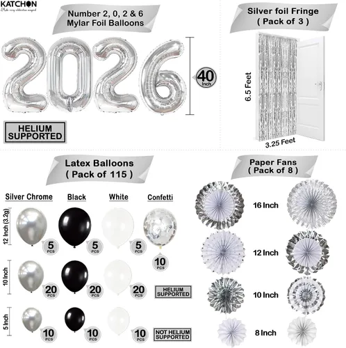 Miniatura 3 de KatchOn, Enormes suministros para fiesta de Nochevieja 2026 – Paquete enorme de 154 Telón de fondo de flecos plateados Globos 2026 Globos