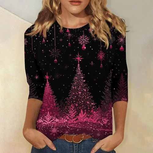 Miniatura 122 de Camisetas de manga 3/4 para mujer, cuello redondo, holgadas, casuales, con estampado floral, camisetas de moda para el trabajo de negocios