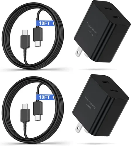Bloque de cargador USB C de doble puerto, cargador súper rápido de 45 W con cable largo tipo C a C de 10 pies, cable de carga de teléfono Android