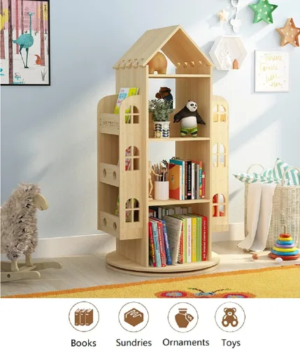 Miniatura 4 de Heehee Estantería giratoria de 360 grados, estantería de pie para niños, estante organizador de madera para niños, estante organizador de libros