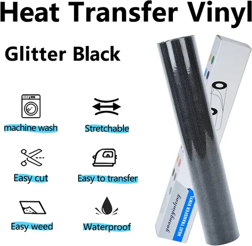 Miniatura 2 de guangyintong Rollo de vinilo de transferencia de calor negro con purpurina, vinilo para planchar de 12 pulgadas x 8 pies para camisetas, vinilo HTV