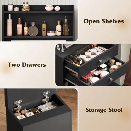 Miniatura 5 de WLIVE Pequeño escritorio negro con espejo y luces, juego de tocador de maquillaje compacto con panel plegable y silla, tocador con estación de carga