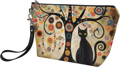 Miniatura 5 de Howilath Abstract Art Cat Cosmetic Pouch for Women PU Leather Toiletry Storage Bag Trapezoid Makeup Bags with Wrist Strap