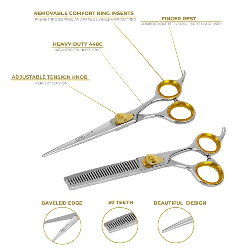 Miniatura 3 de SHARF Gold Touch - Kit de tijeras rectas de 6.5 pulgadas y tijeras de adelgazamiento de 30 dientes 440C, tijeras de peluquería profesionales