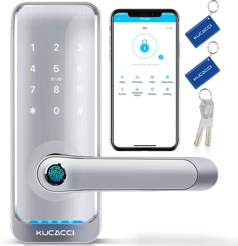Cerradura de puerta inteligente con teclado con asa: cerradura inteligente de entrada sin llave Kucacci para puerta delantera, código electrónico