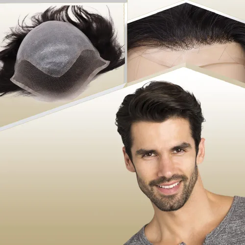Miniatura 20 de Peluca de cabello humano europeo de repuesto para hombre, encaje suizo frontal, 0.003 in, piel fina, poliuretano, con bucle, 10 x 8 pulgadas, 20%