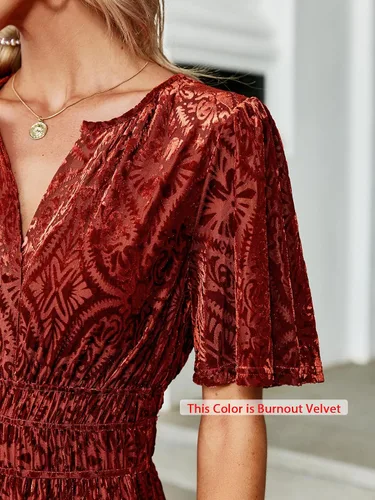 Miniatura 4 de Amegoya Vestido largo de terciopelo de manga corta con cuello en V para mujer, vestido largo formal para invitados de boda, otoño, noche, fiesta