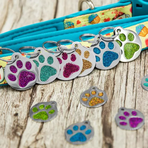 Miniatura 3 de Etiqueta grabada para mascotas para perros y gatos, personalizada con 4 líneas de identificación grabada, huella de pata redonda, acero inoxidable