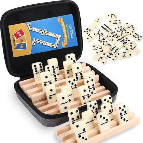 Doreimi Juego de Dominó Doble 6 para Adultos con 4 Estanterías de Madera y 28 Azulejos Juego de Dominó de Viaje Juego de Mesa Clásico para Noche de